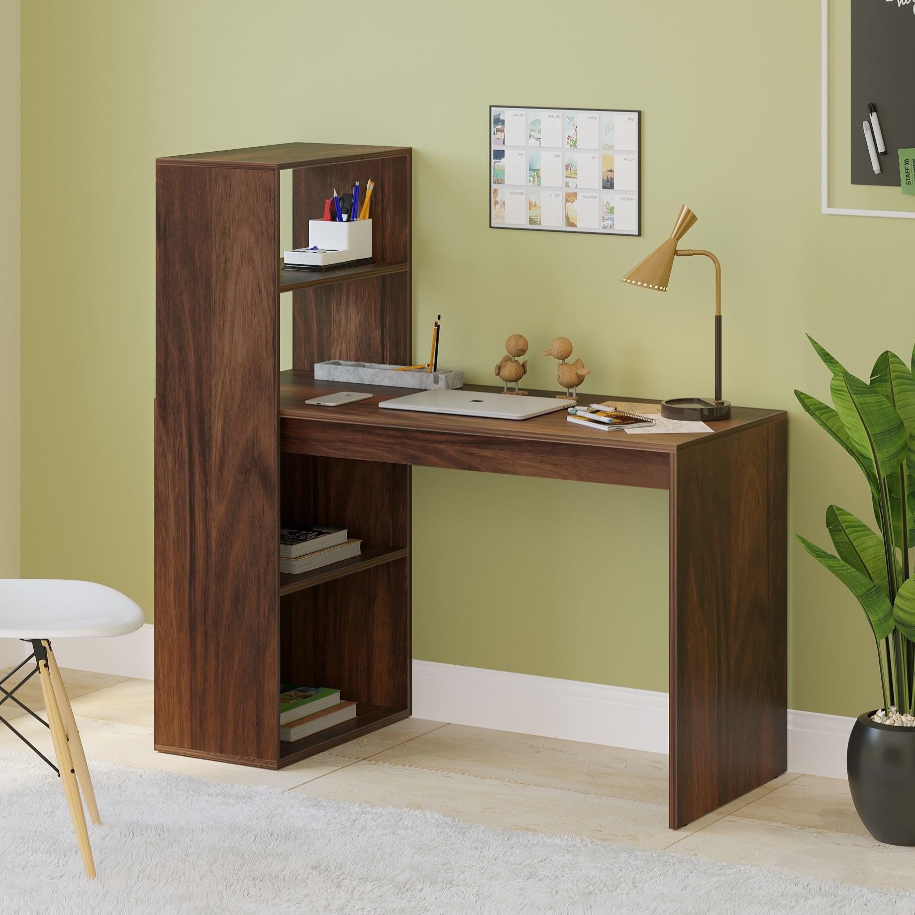 BLUEWUD Radisso Study Table and Computer Laptop Table for Home or Office, WFH Study/Work Desk, with Storage Shelves for Books and Décor Display for Adults Kids Students (Brown Maple)
