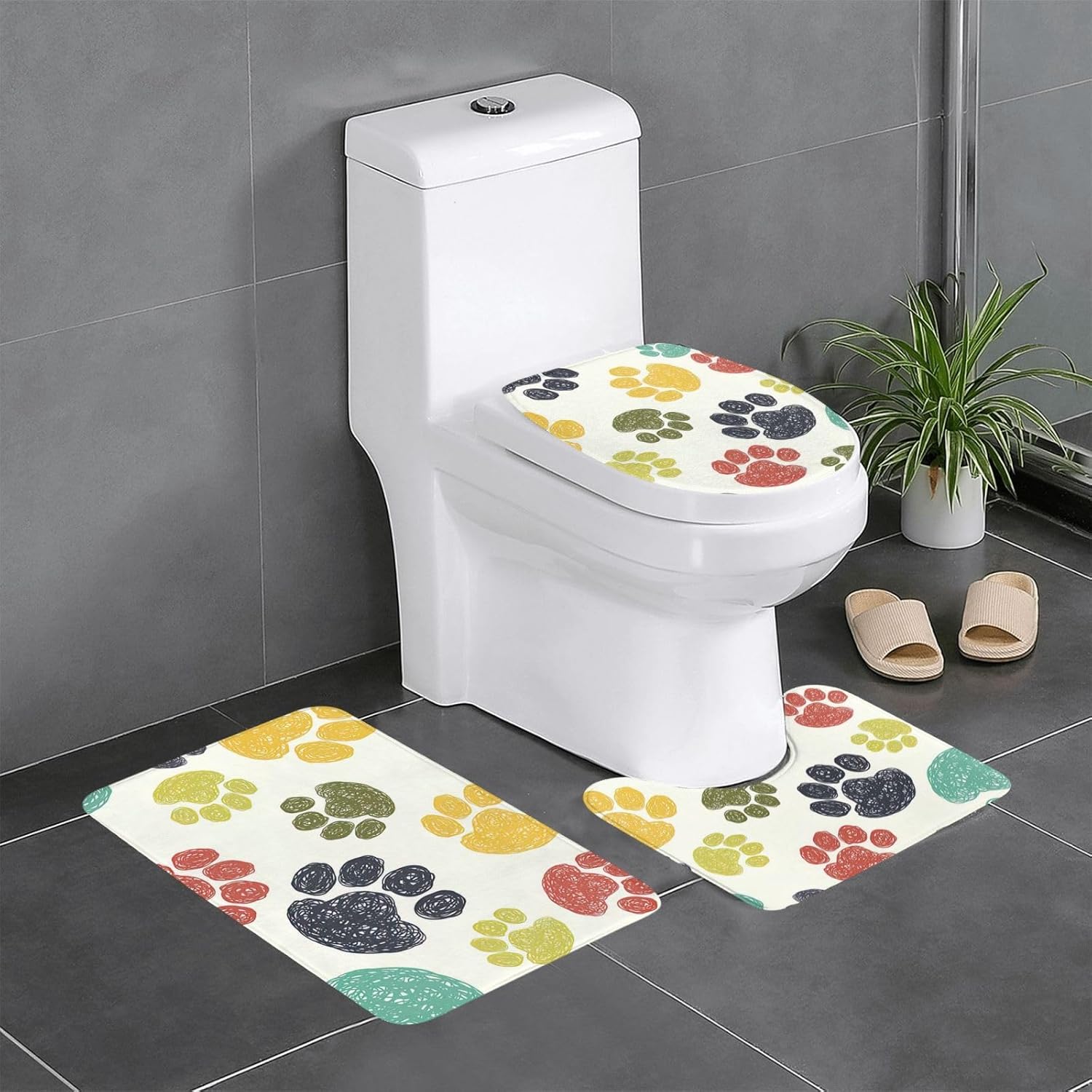 HUIKGIER Cute Colorful Dog Paw Print Bath Mat Set 3 Piece Bath Mat Set