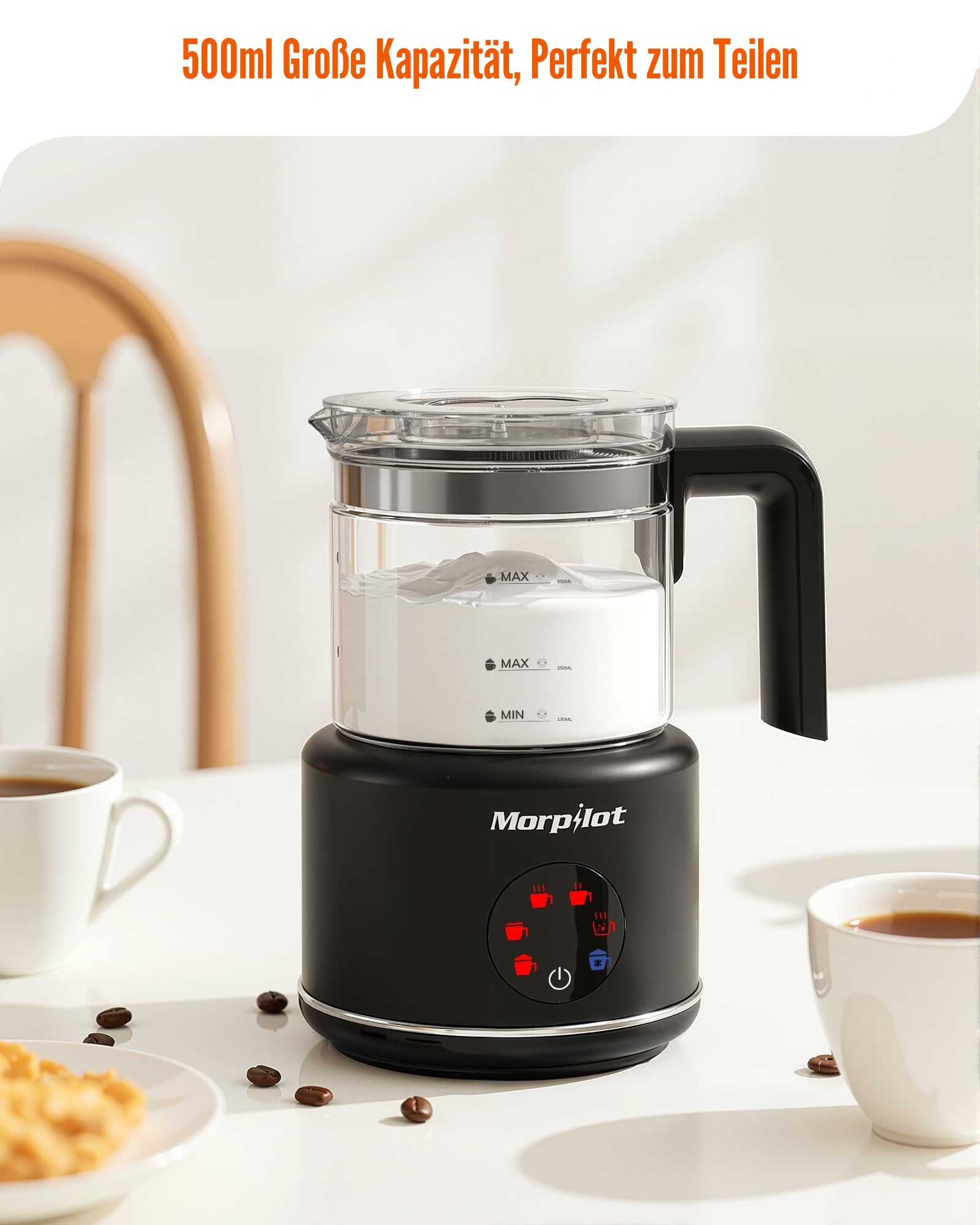 Morpilot Milchaufschäumer Elektrisch, 6 in 1 Milchschäumer für Milchschaum heiß und kalt, heißer Schokolade, 130-500ml, 600W, Visuelles Glas, Latte-Design, Spülmaschinenfest, Schwarz
