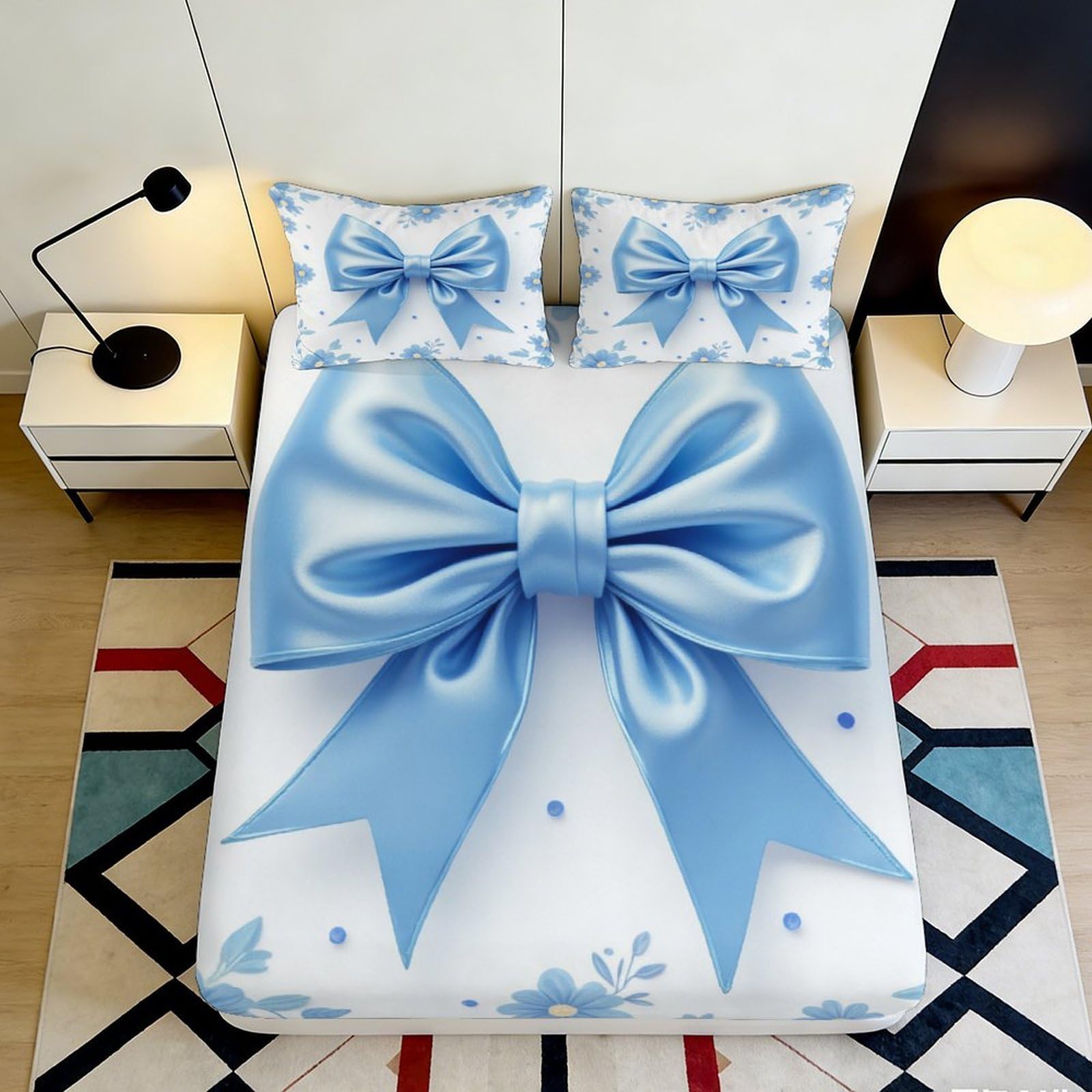 Decorative Blue Bow Fitted Sheet 3D Printed Soft Touch Microfiber, Bed Cover for Bedroom Guest Room, Wrinkle Resistant, Apartment Bedding 90x200x25cm