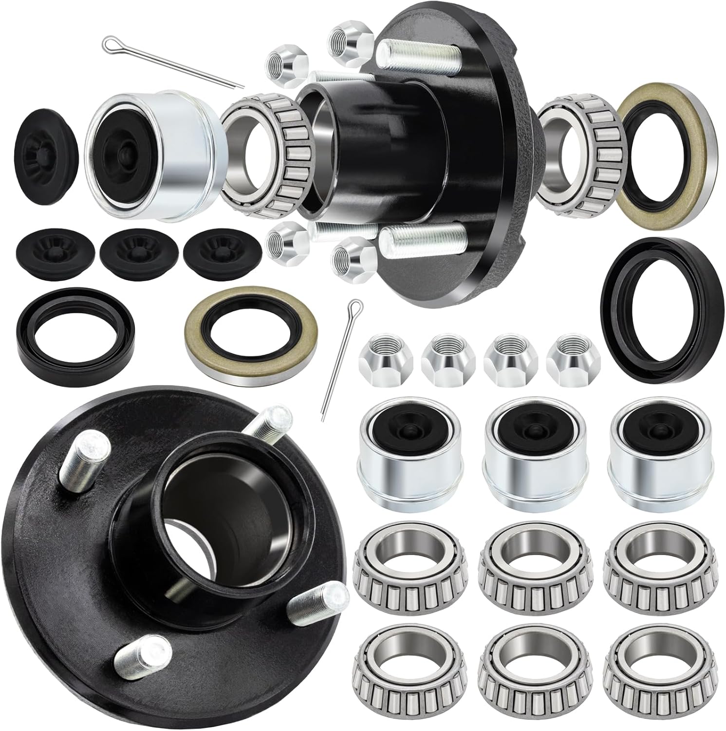 2 Sets Trailer Hub Kit 4 Bolt 4 for 2000 lb Trailer Axle, Including L44643 L44649 Bearing, Grease Seal, Dust Cap and Rubber Plug, Lug Nuts Fits for 1" and 1-1/16" Trailer Axles #84 Spindle