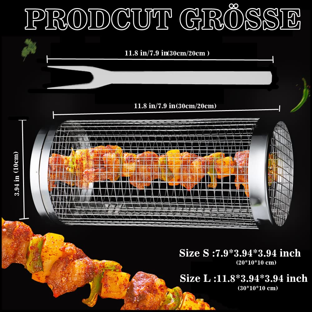 2Stück Rolling Grillkorb Zylindrischer Grillkorb Edelstahl mit Grillgabel, BBQ Grillrolle Grill Korb Grill Rack Grillen von Gemüse, Fisch, Fleisch Grillkorb Zylinder (2Stück, L (30CM))