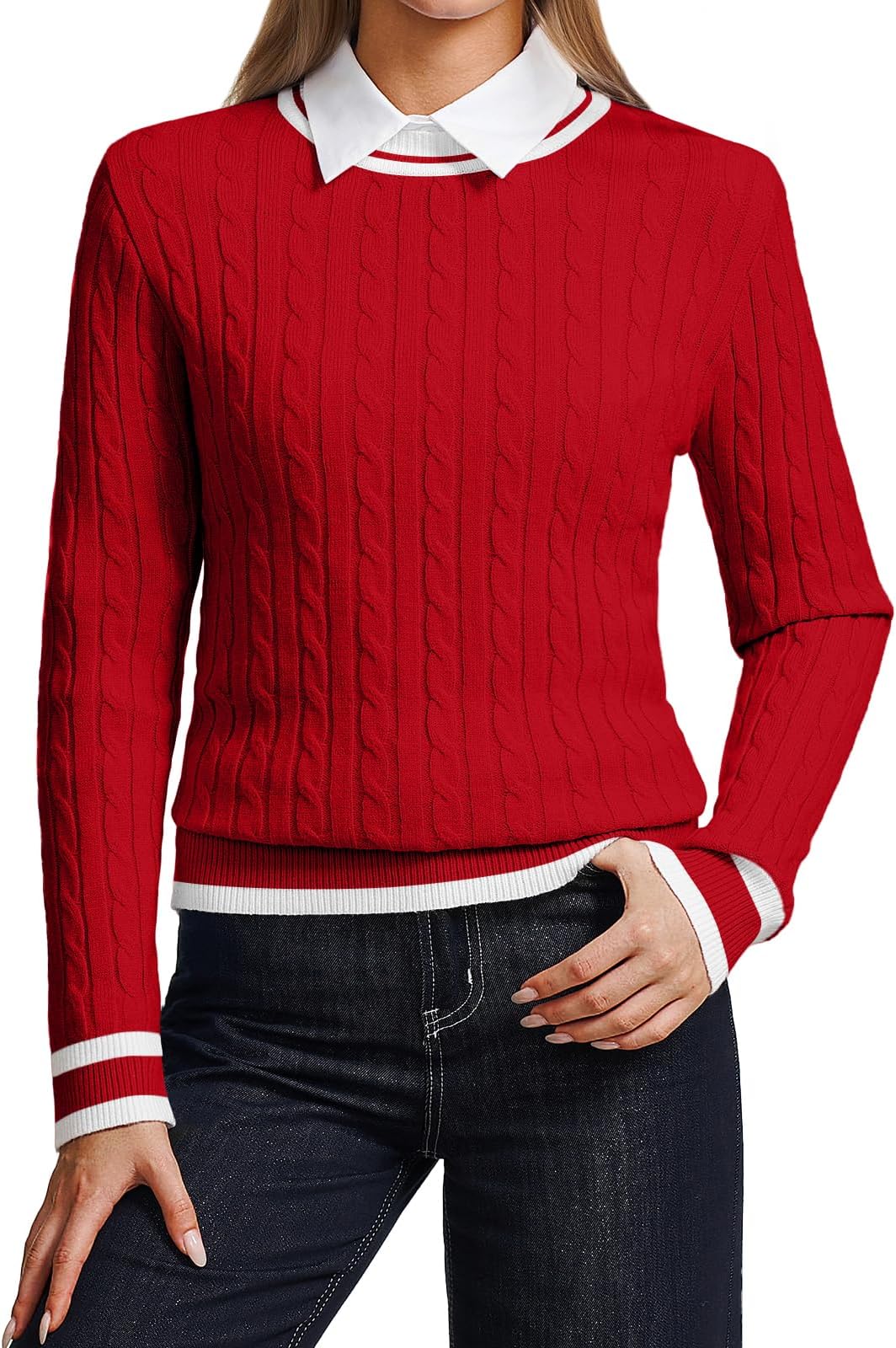 Womens Jumpers Casual Long Sleeve Crewneck Lightweight Cable Knit Contrast Color Sweater Ladies T-Shirts Tops for Women Spring Fall