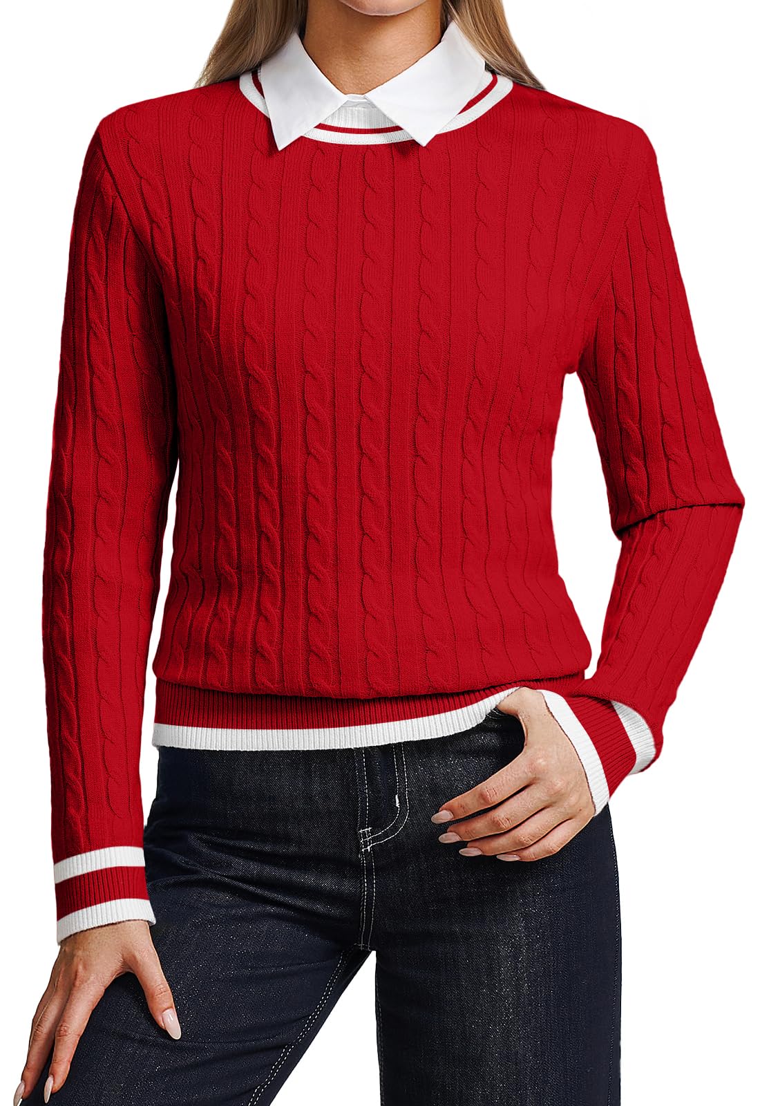 Womens Jumpers Casual Long Sleeve Crewneck Lightweight Cable Knit Contrast Color Sweater Ladies T-Shirts Tops for Women Spring Fall
