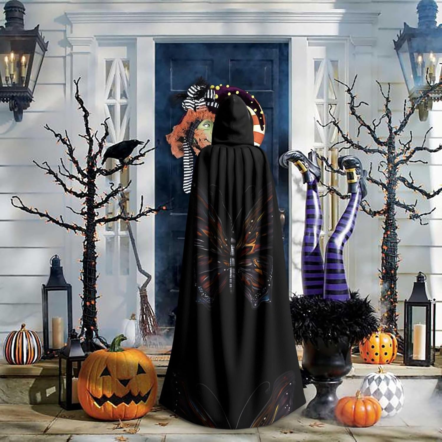 Mystery Butterfly Men Women Halloween Role Play Party Decoration Hooded Poncho Black