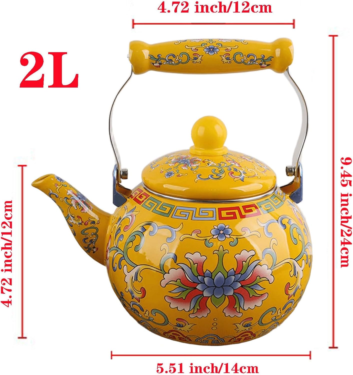 Vintage Floral Yellow Enamel Tea Pot, 2.1 Quarts Tea Kettle with Infuser, Teapot for Stove Top with Cool Touch Ergonomic Ceramic Handle for Boiling Water Coffee or Milk