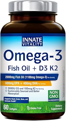 Innate Vitality Suplemento de aceite de pescado Omega 3, 2000 mg de aceite de pescado por porción, EPA 600 mg + DHA 400 mg con vitaminas D3 K2,