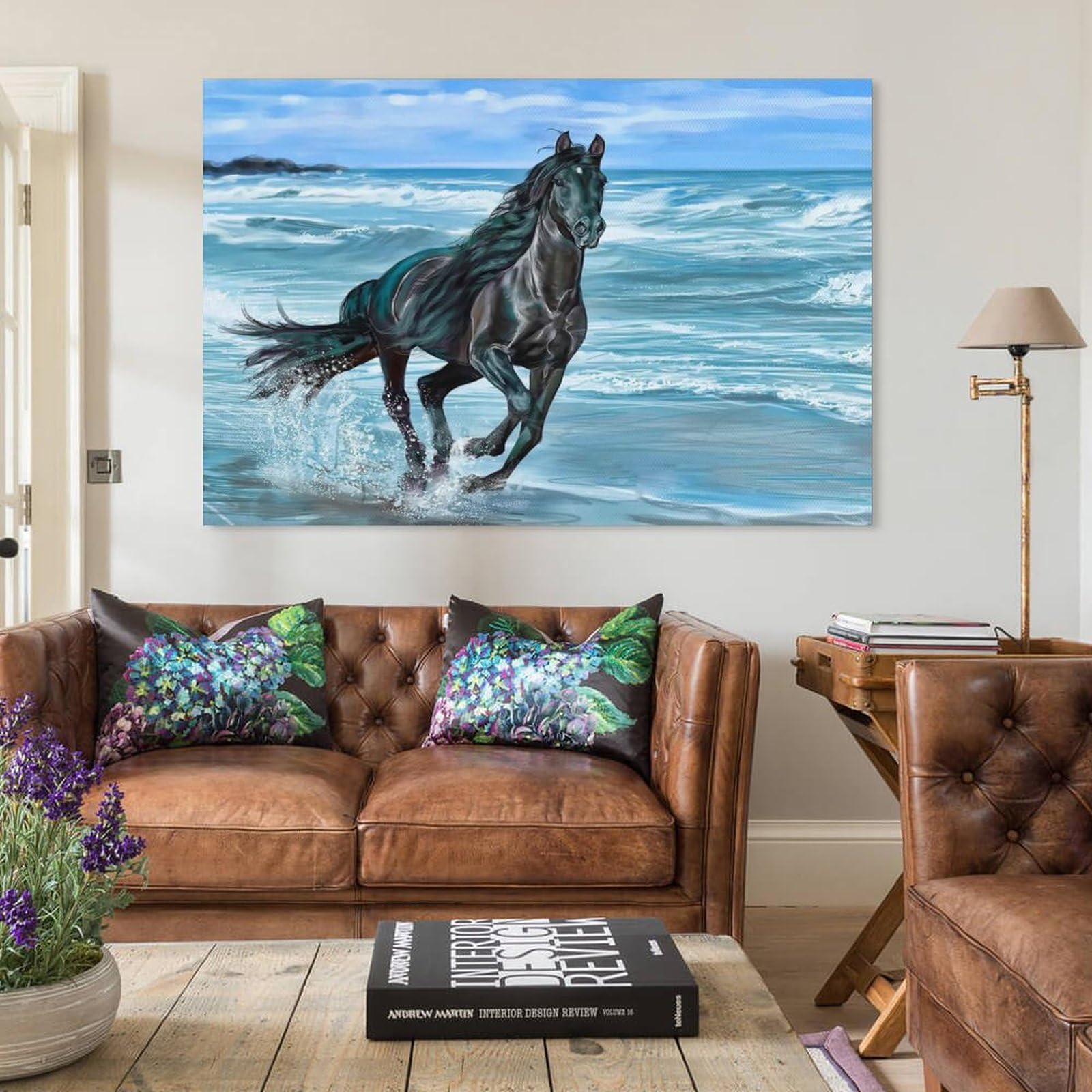 Amazon.co.jp: 絵画 ビーチを走る黒い馬インテリア 絵画 超リアルな