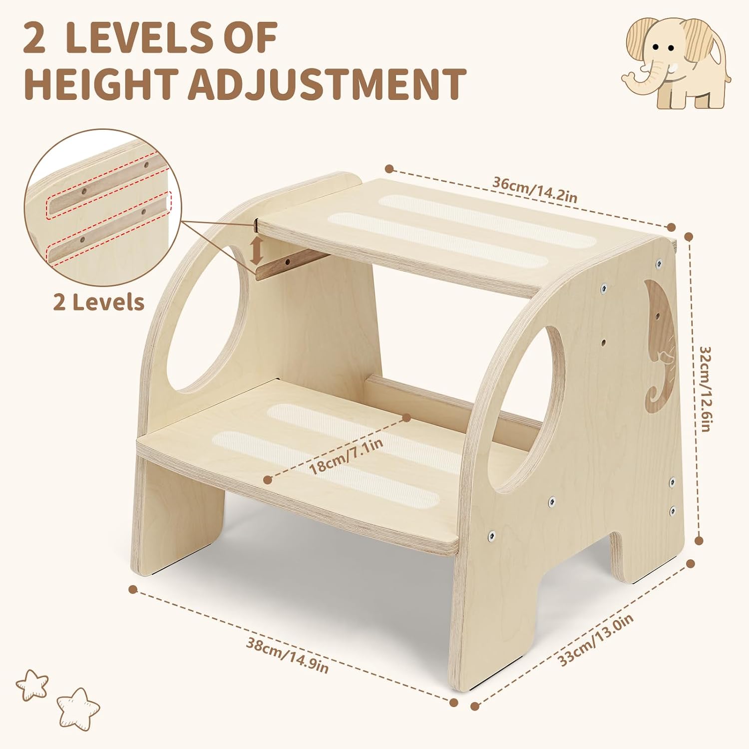 Toddler Step Stool, Wooden Height-Adjustable 2-Step Stool for Kids, Non-Slip Kids Step Stool for Bathroom Sink, Kitchen & Bedroom, Sturdy Montessori Toddler Stool, Supports Up to 200 lbs