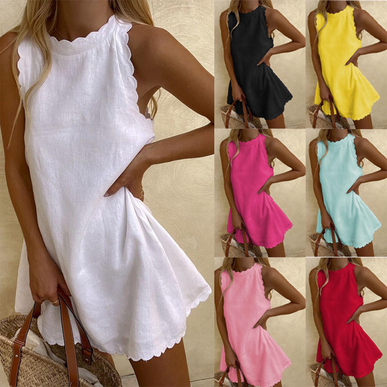 Vestido Playa Lino Elástico Escote V Festoneado Sin Mangas Cremallera Trasera