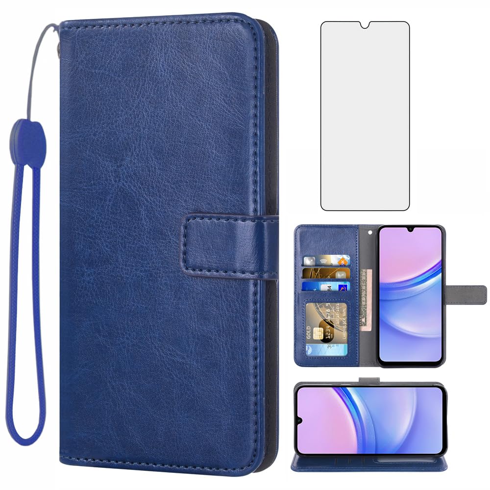 Asuwish Compatible with Samsung Galaxy A15 5G Wallet Case Tempered Glass Screen Protector and Leather Flip Cover Card Holder Stand Cell Accessories Phone Cases for A 15 4G 15A Women Men Blue