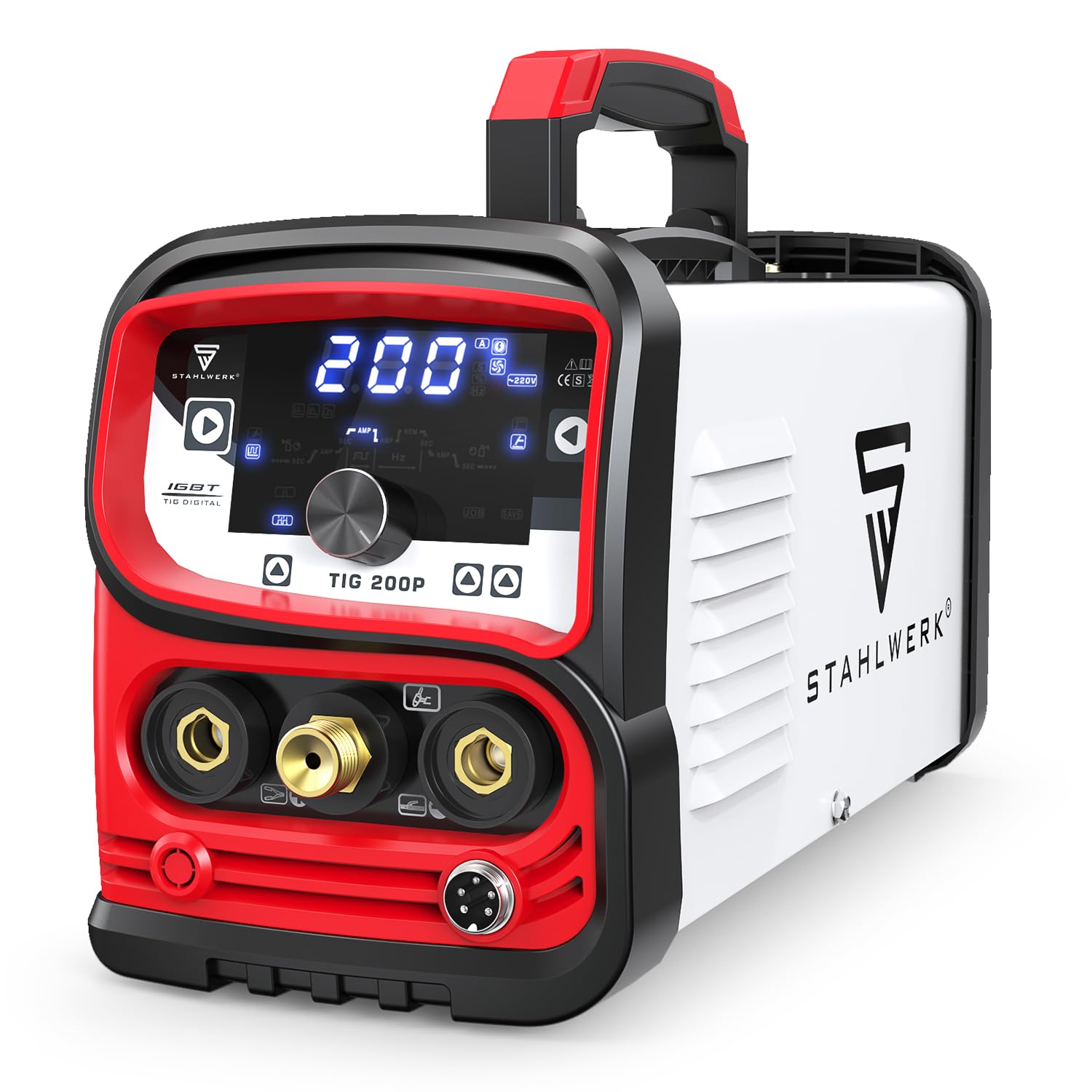 Dimensions of STAHLWERK TIG 200P Welder: 338mm length, 200mm height, 158mm width.