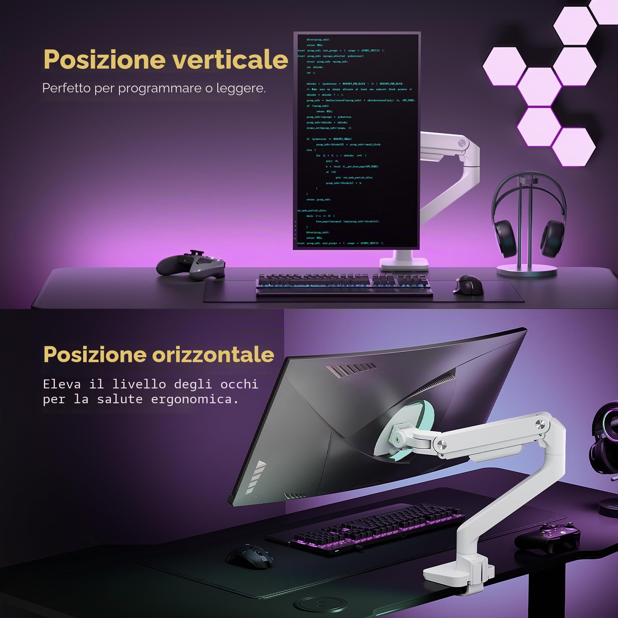 ARES WING Supporto per monitor da 17-49 pollici, fino a 20 kg, bianco | Ultrawide - Supporto da tavolo con molla a gas per monitor piatti e curvi, regolabile in altezza, guida cavi, VESA 75/100 mm