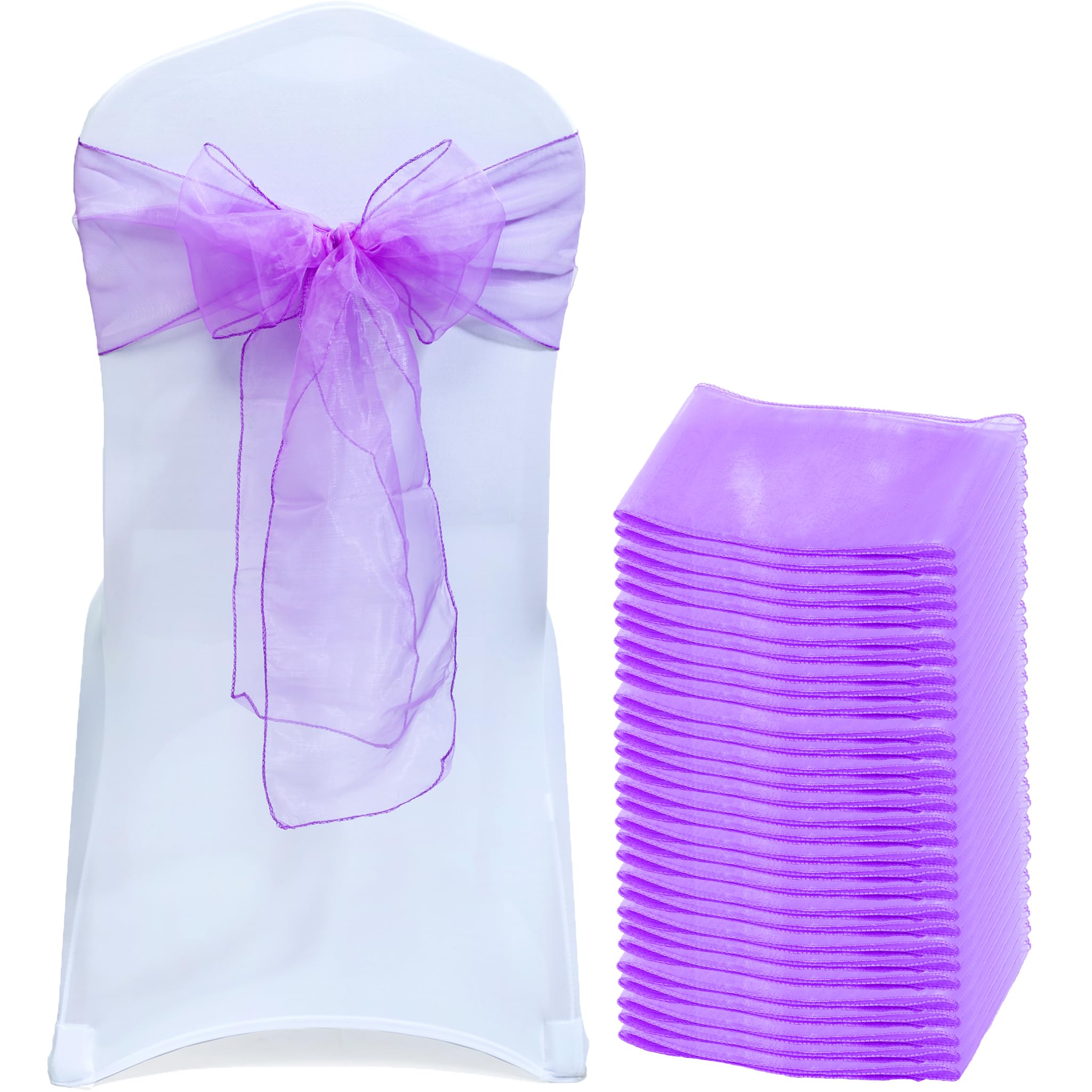 EDecor Pack of 125 Organza Chair Sashes for Wedding & Party Decorations – Reusable Sheer Chair Bows Tie Back for Banquet Chairs, Bridal Shower, Birthday, Reception Event Styling Décor - Light Purple — image 1