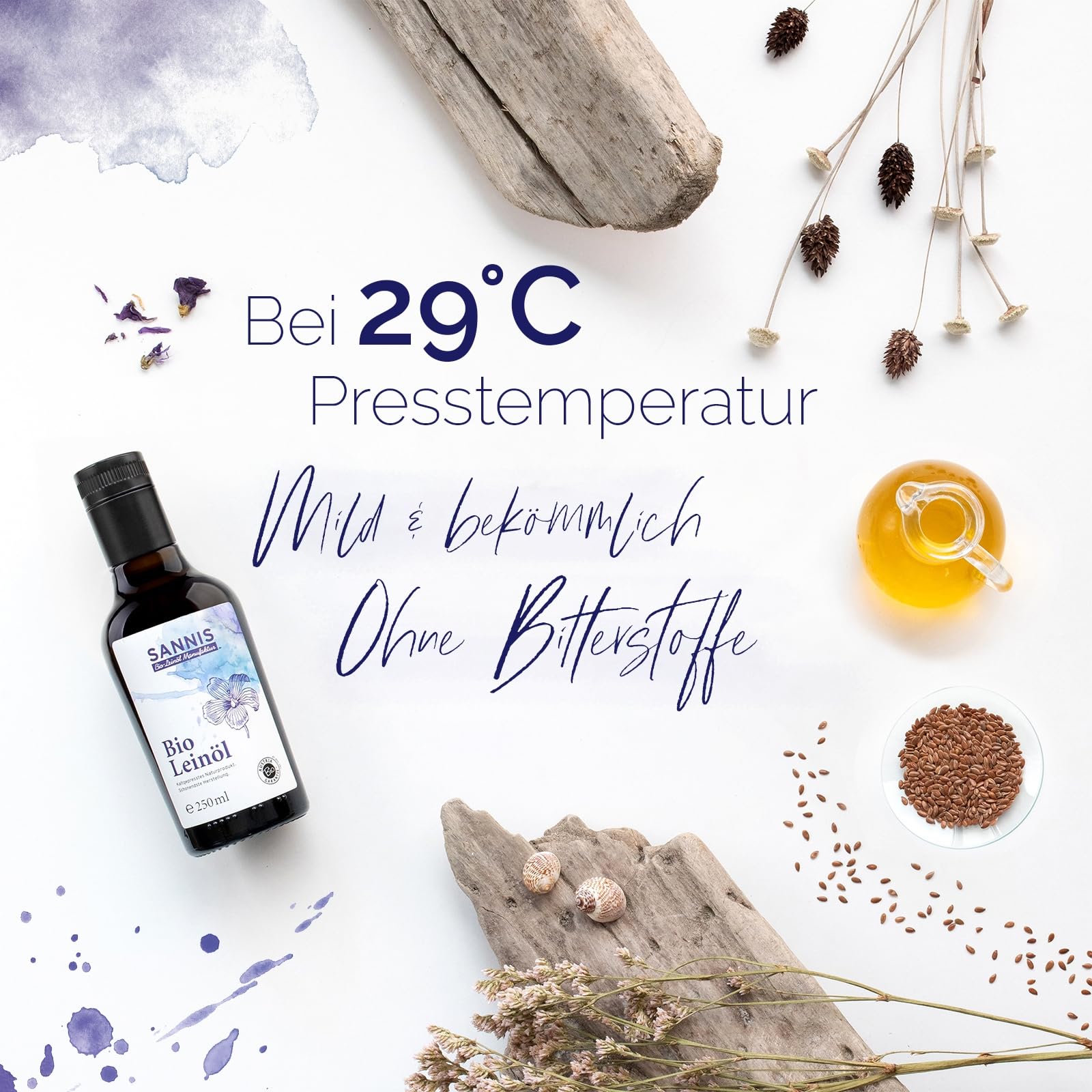 Sannis Bio-Leinöl extra nativ 500 ml I Leinsamenöl aus kontrolliert biologischem Anbau I kaltgepresst & ungefiltert I reich an Omega-3-Fettsäuren I nussig milder Geschmack ideal für Salat & Joghurt