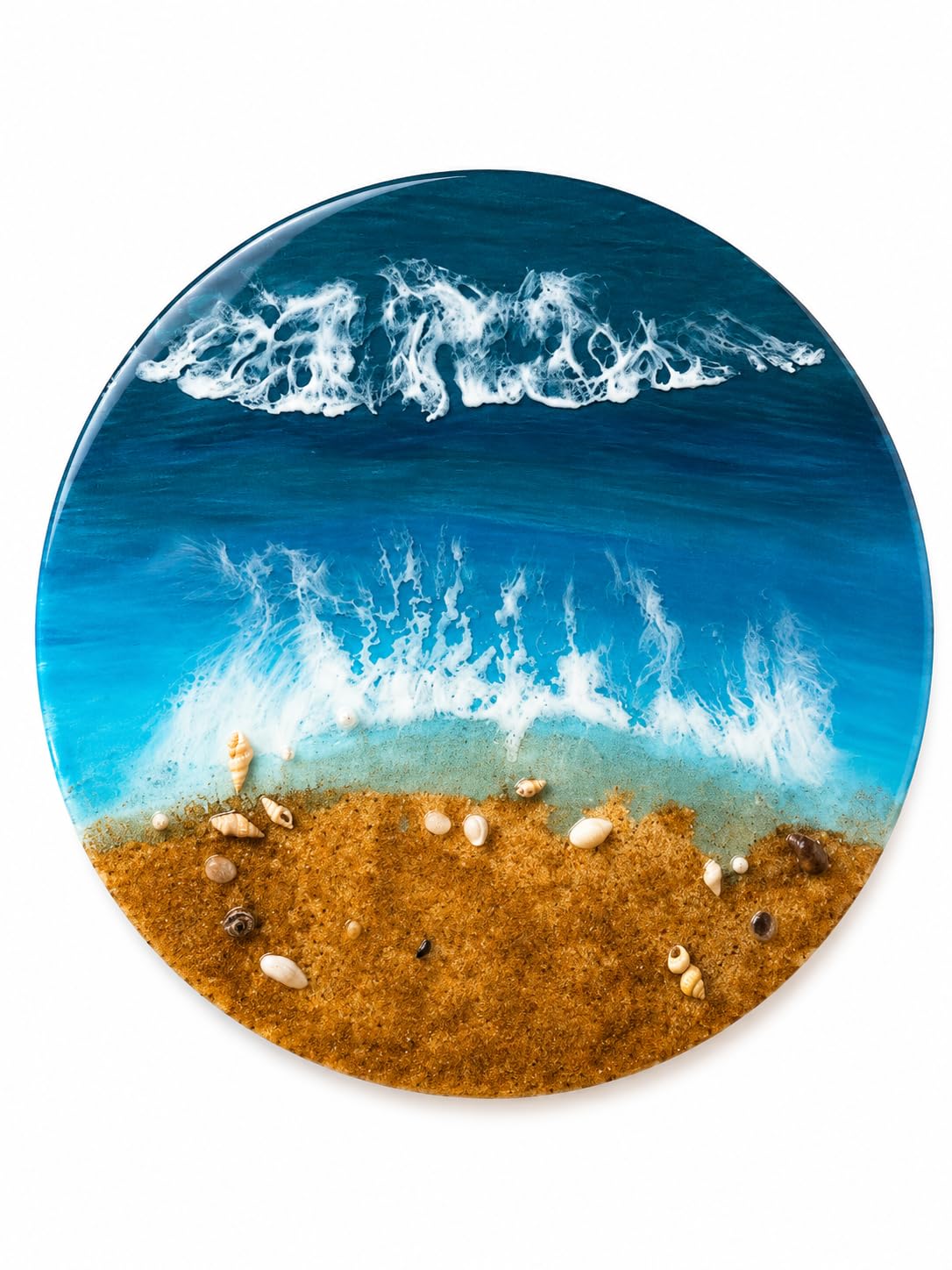 Handmade Resin Ocean Wave Wall Art | Beach Theme Round Wall Hanging Decor | Epoxy Resin Artwork with Seashells & Sand | Coastal Home Décor | 35 cm Diameter-image-20