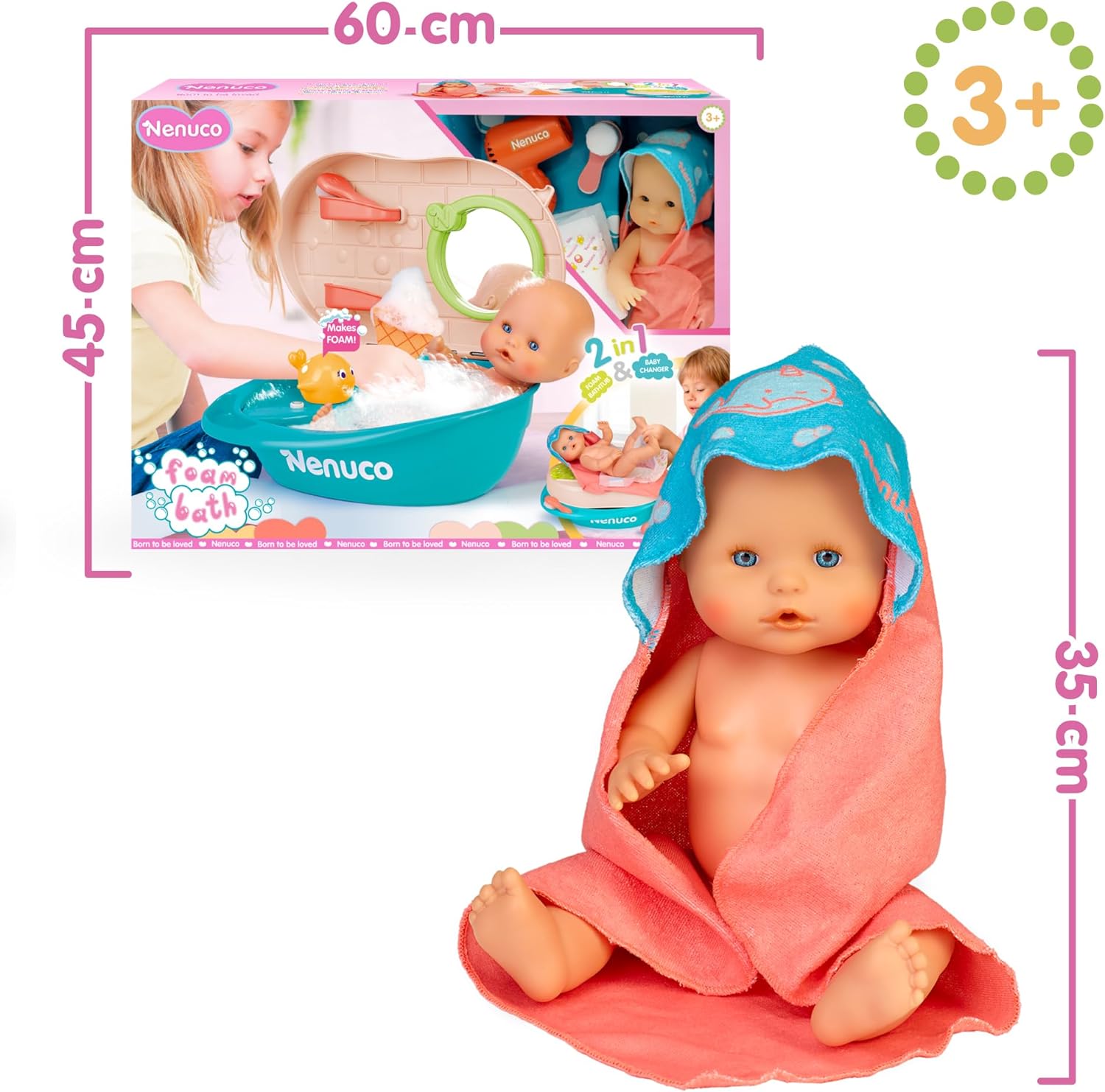 Nenuco Foam Bath, 35 cm Baby Doll and Hard Body, Has a 2 in 1 Bathtub That Turns into Changing Mat, Makes Foam, Doll with Magic Hair, Bebe and Pees, +3 Years, Famous (NFNA0000)