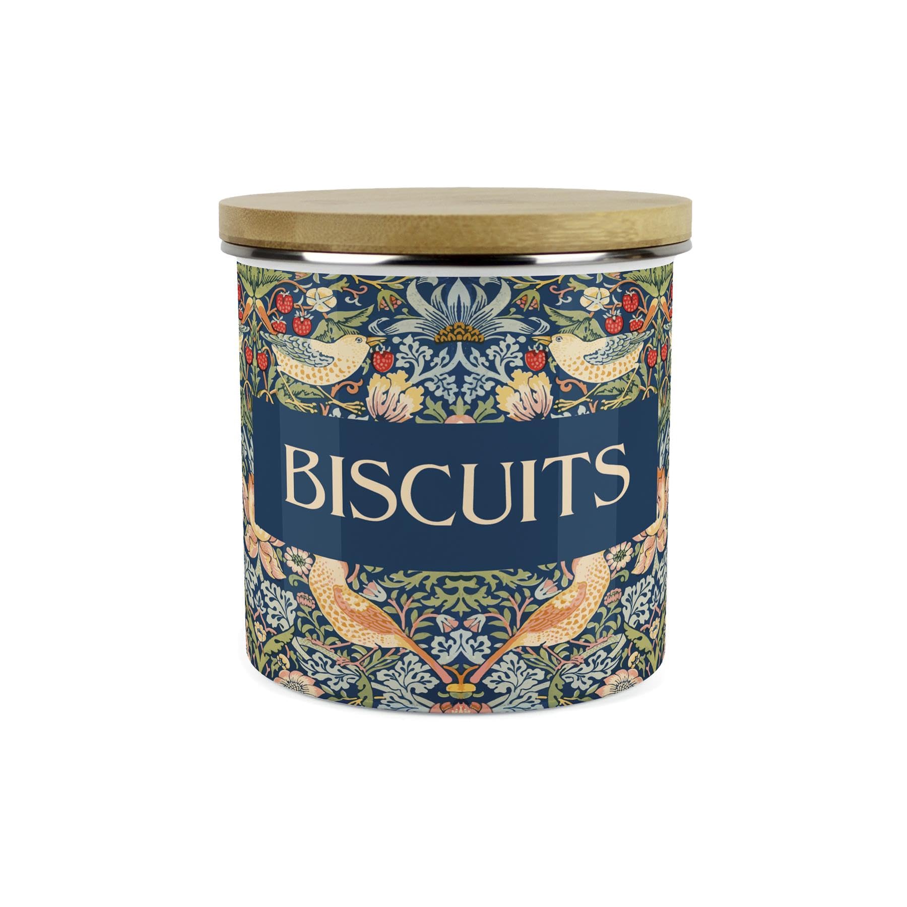 Purely Home Biscuits Blue Strawberry Thief Small Storage Canister - Morris Inspired Tapestry Artwork - Blue Floral Enamel Hot Drinks/Food Kitchen Container