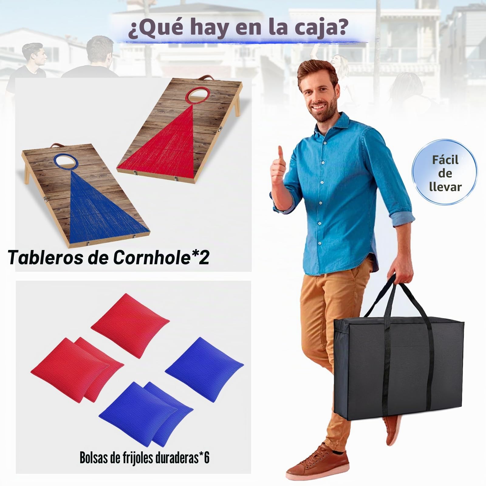 NZQXJXZ Juego de Cornhole, 60 x 40 cm Tableros de Madera Maciza Premium con Agujeros de maíz con 6 Bolsas de Frijoles y una Bolsa de Transporte, Juego de Lanzamiento de maíz para Familia y Adultos