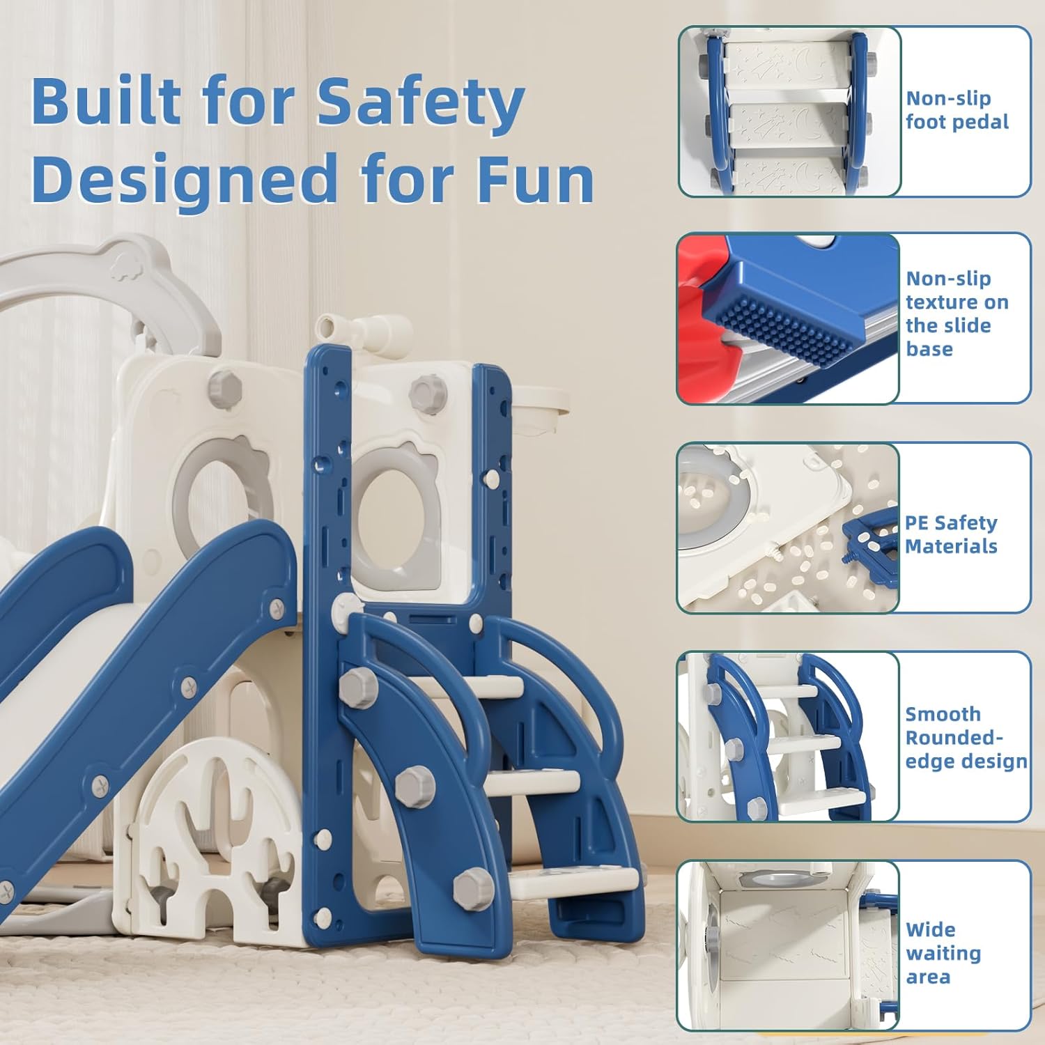 KORIMEFA 8 in 1 Toddler Slide and Swing Set for Toddler Age 1-3 Years, Toddles Playset Playground Indoor and Outdoor Swing Slide Climber Playset w/Basketball Hoop & Golf Set, Blue