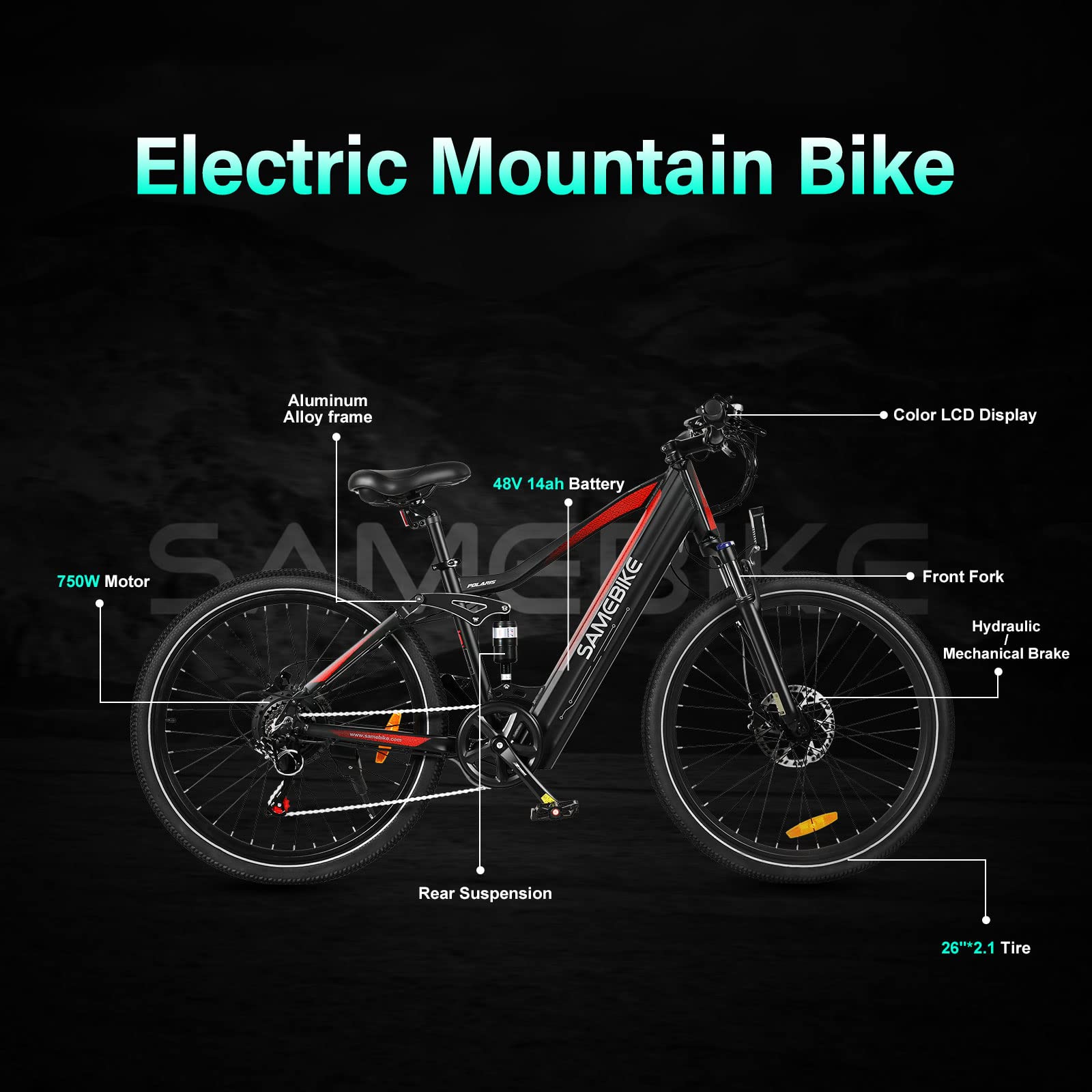 SAMEBIKE XD26-Ⅱ Bicicleta Eléctrica 26 Pulgadas 250W Motor 25km/h Electric Mountain Bike 100km autonomía Bicicleta montaña Adulto 48V 14AH Batería IP54 Impermeable eBike para Commuting
