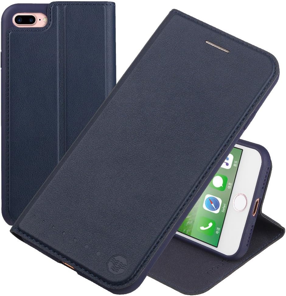 Nouske iPhone 7 Plus iPhone 8 Plus Case Flip Folio Wallet Stand up Credit Card Holder Cover Holster/Magnetic Closure/TPU bumper/360 Full Body Protection, Navy Blue.