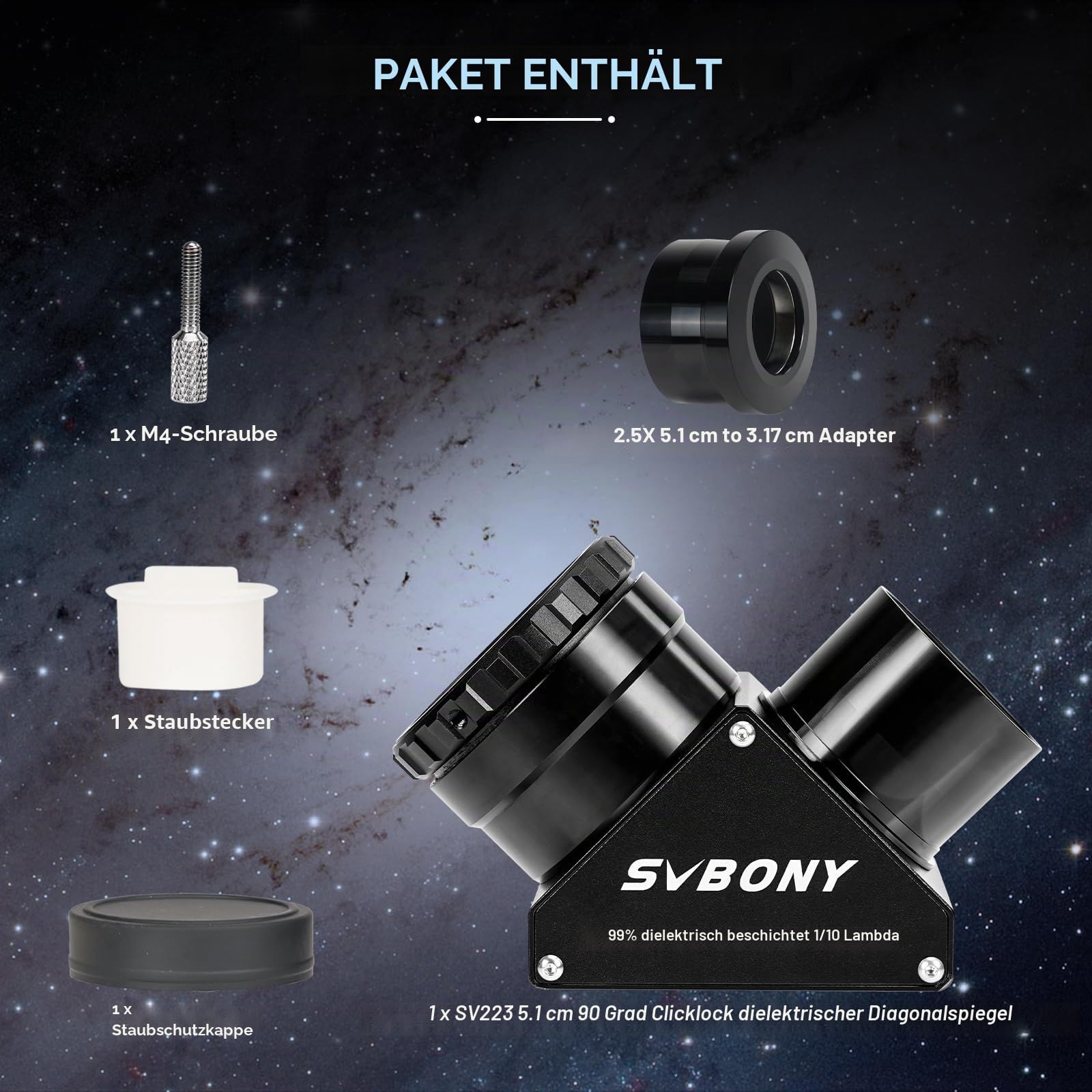Svbony SV223 Diagonalspiegel, 2" 90° Stern Zenitspiegel mit 1,25" Adapter und Kohlefasermaterial, 99% Reflexionsvermögen, Zenitspiegel für Planetarische Deep Sky Visualisierung