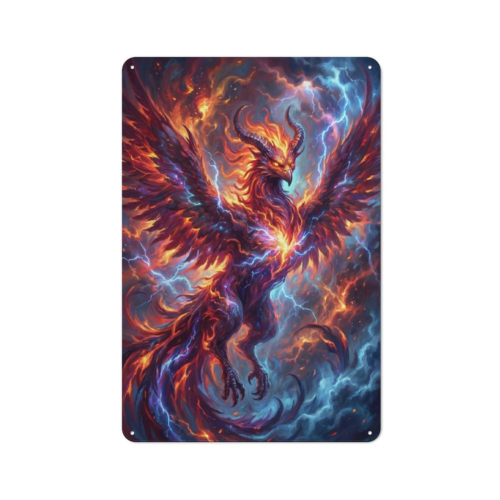 Junmoney Style-6 Tin Wall Plaque 30X20cm With Fiery Phoenix With Lightning For Studio Or Craft Room, Suited To Studio Decor Lovers