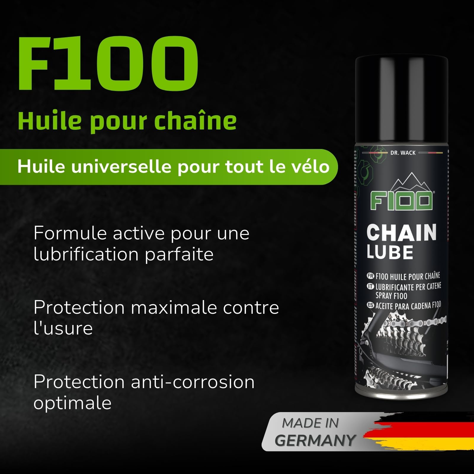 Dr. Wack - F100 Chain Lube - Lubrifiant pour Chaîne de Vélo - Protection Extra Longue contre Usure et Corrosion - Fabriqué en Allemagne - Spray 300 ml