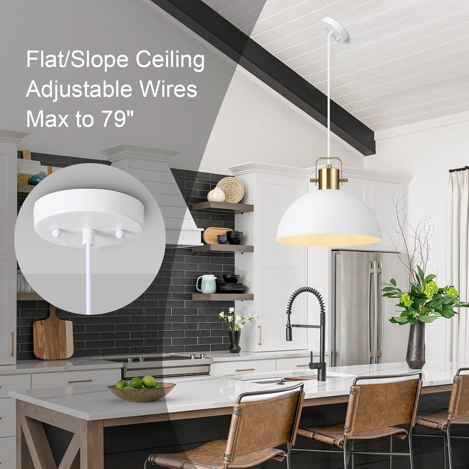 12 Inch Matte White Farmhouse Pendant Lights Kitchen Island Adjustable Height Vintage Industrial Hanging Lights Fixture for Hallway Dining Room 3 Pack
