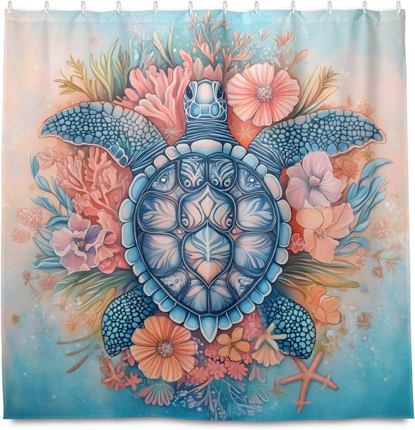 Shower Curtain Set, Turtle Coral Pink Flower Waterproof Shower Curtains for Bathroom, Polyester Fabric Bath Curtain with Hooks 72x72 Inch