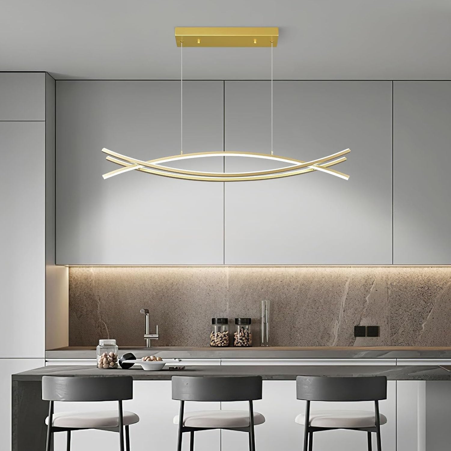 Lámpara Colgante LED Moderna - Altura Ajustable y Dimmable con Mando Incluido, Perfecta para Comedor, Cocina con Isla, Salón, Oficina y Hoteles Plafón LED Regulable (Oro, 100cm)