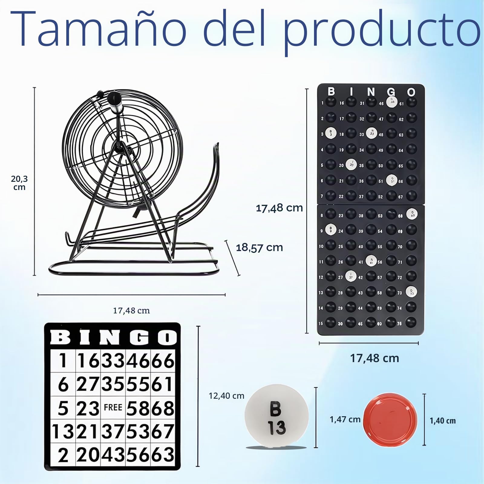 Juego de Bingo Completo – con Tambor Metálico, 75 Bolas Numeradas, 18 Cartones y 125 Fichas – Juego de Mesa para Adultos, Mayores y Niños – Ideal para Fiestas y Noche en Familia (Negro)