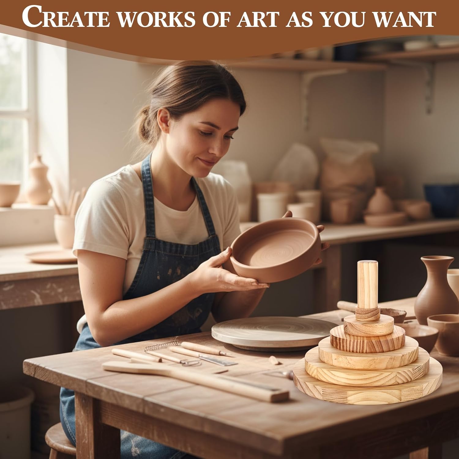 DoubleFill 6 Pack Pottery Molds 2'' 4'' 6'' 8'' 10'' 12'' Thickness 1'' Plaster Molds Wood Pottery Tools with Handle for Ceramic Top Forms DIY Bowls Plate Dish Slump Press Art Making (Round)