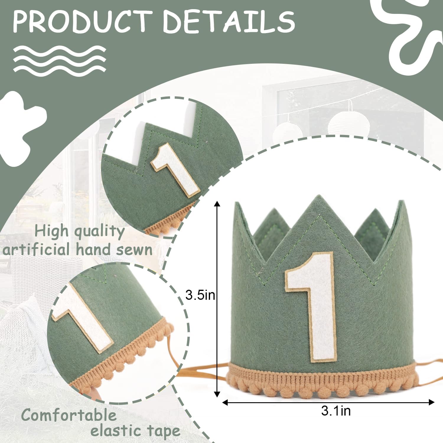 Wild One Birthday Crown - Safari Jungle 1st Birthday Hat for Boys and Girls, Deep Green Woodland First Cake Smash Photo Props - Image 2