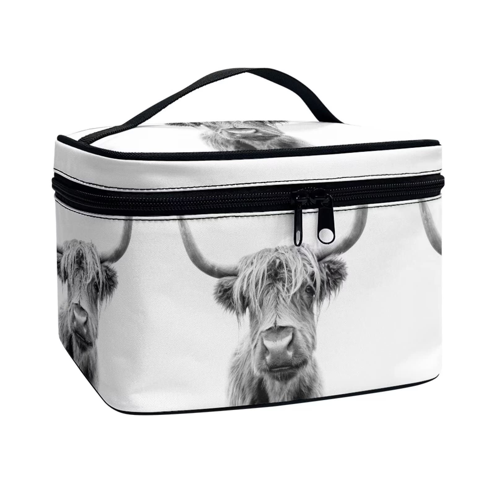 Howilath 3D Highland Cow Grey Cosmetic Storage Bag Portable Make up Bag High Capacity Toiletry Bag with Zipper for Ladies