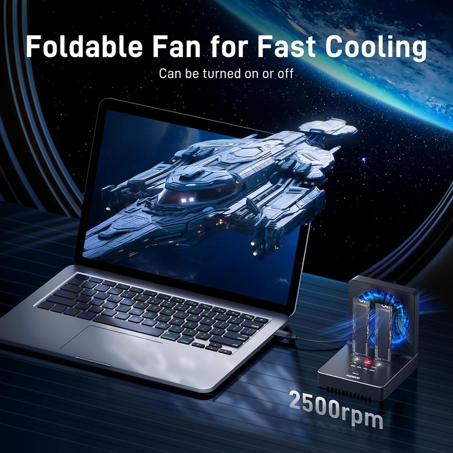 FIDECO M.2 NVMe SATA SSD Cloner Dock with its foldable cooling fan active, connected to a laptop. The fan is shown cooling the inserted SSDs at 2500rpm.