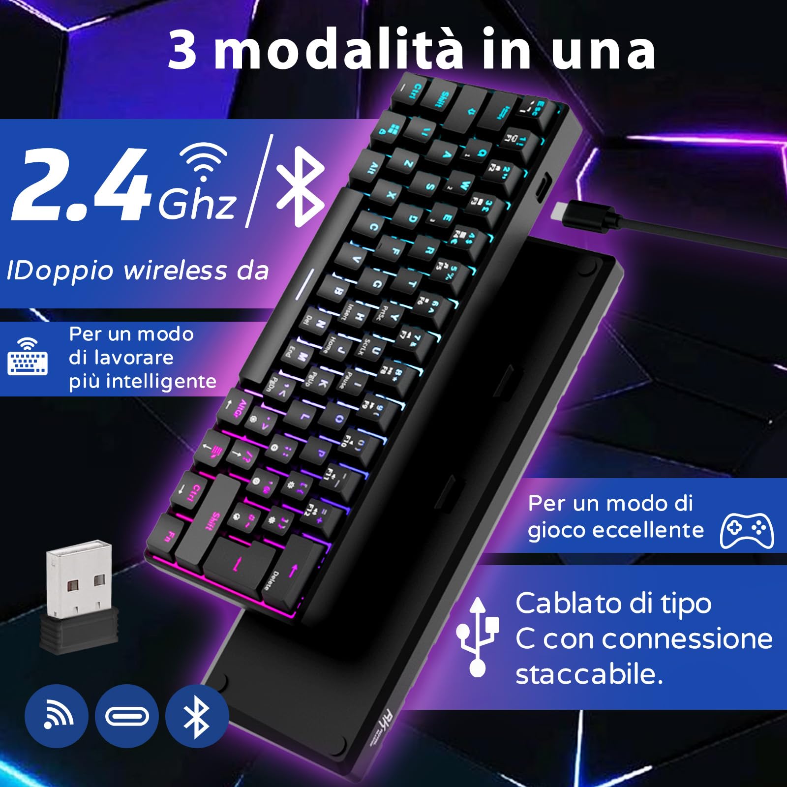 RK61 Tastiera Gaming Meccanica, 60% Tastiera Wireless 2.4Ghz/Bluetooth/USB-C RGB Backlit Interruttore Blu Hot Swap Double-Shot ABS Keycaps Compatibile con Win/Mac, Nero(QWERTY Layout Italiano)