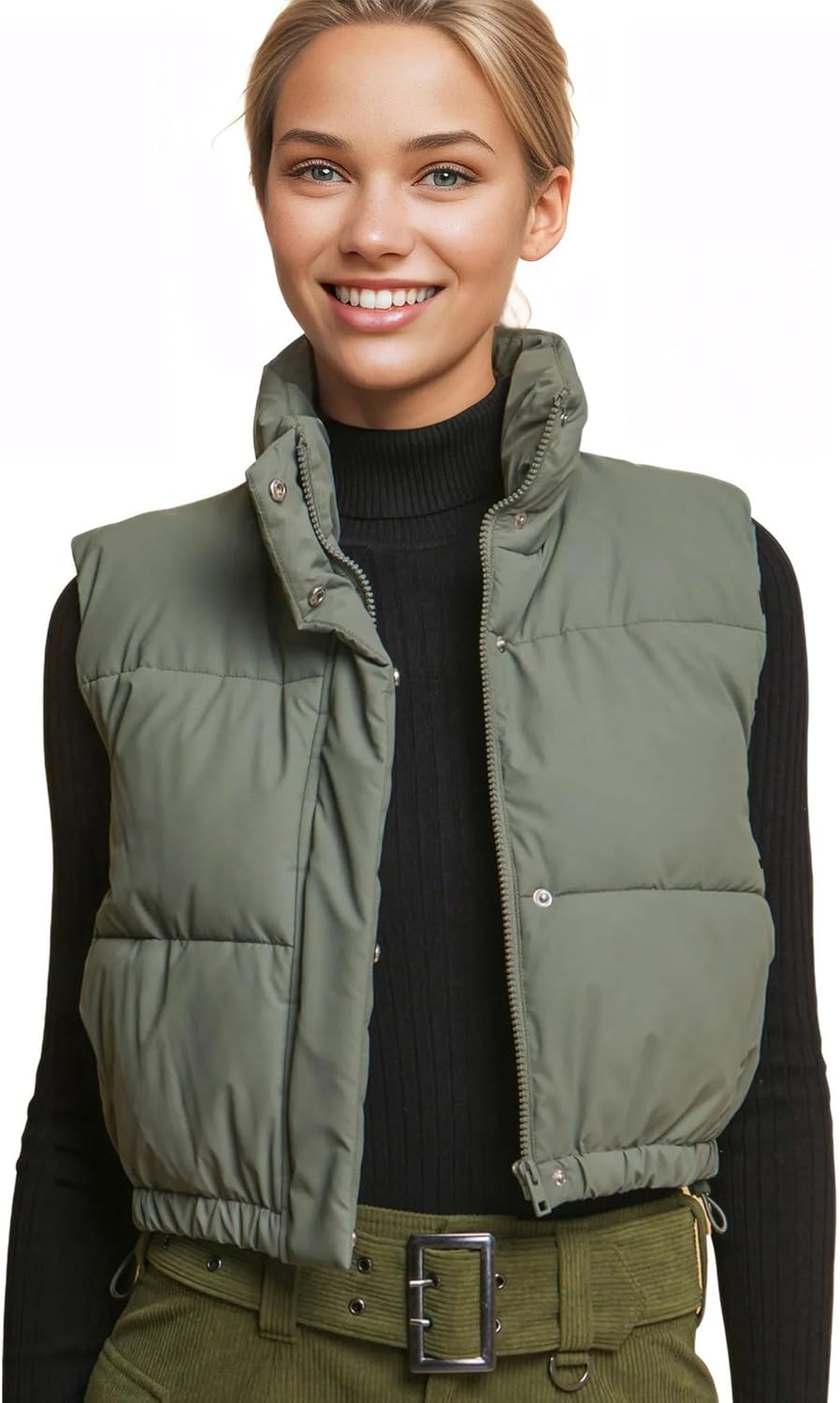 Love Tree Women's Juniors Cropped Faux Leather Puffer Vest (Olive, Large)
