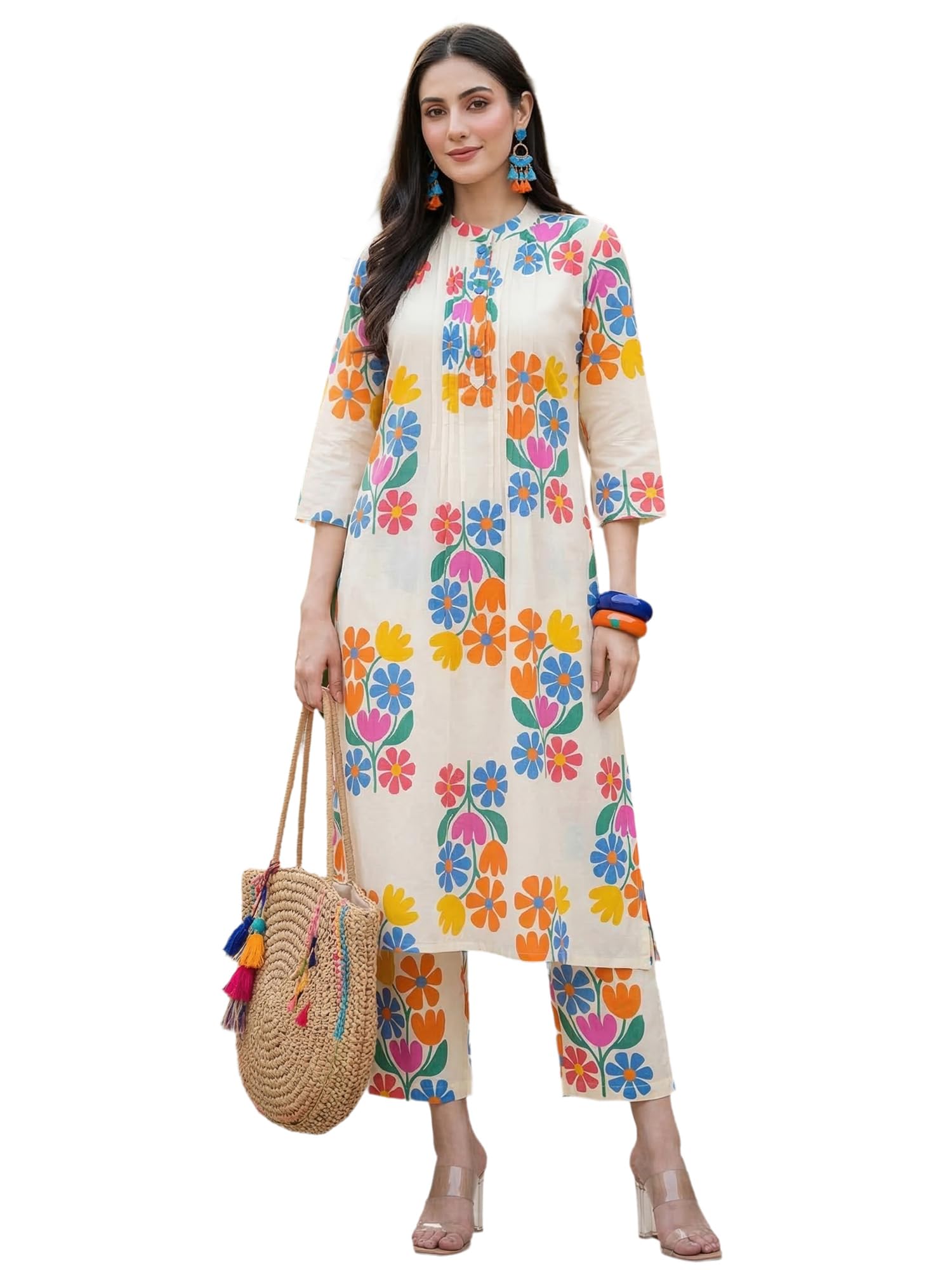 indo era Women's Pure Cotton Off White Floral Printed NA Straight Kurta & Pant Set-picture-30