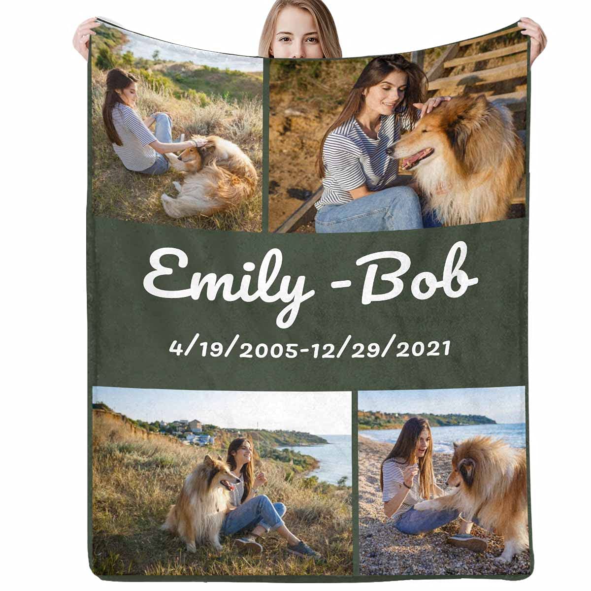InterestPrint Dog Custom Picture Blanket- Personalized Dog Blanket Throws with Photo & Name for Dogs, Cats, Pets as Customized Gifts 4 Collages