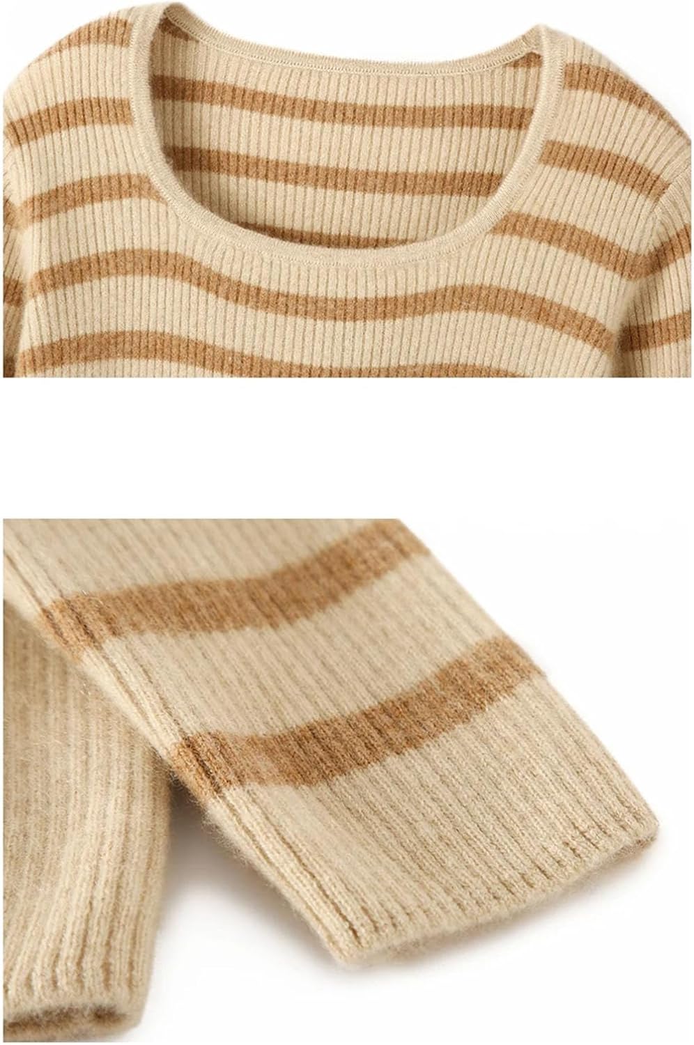 Women's 100% Wool Stripe Sweater Long Sleeve Crewneck Elastic Knitted Jumper Winter Soft Thermal Sweatshirt