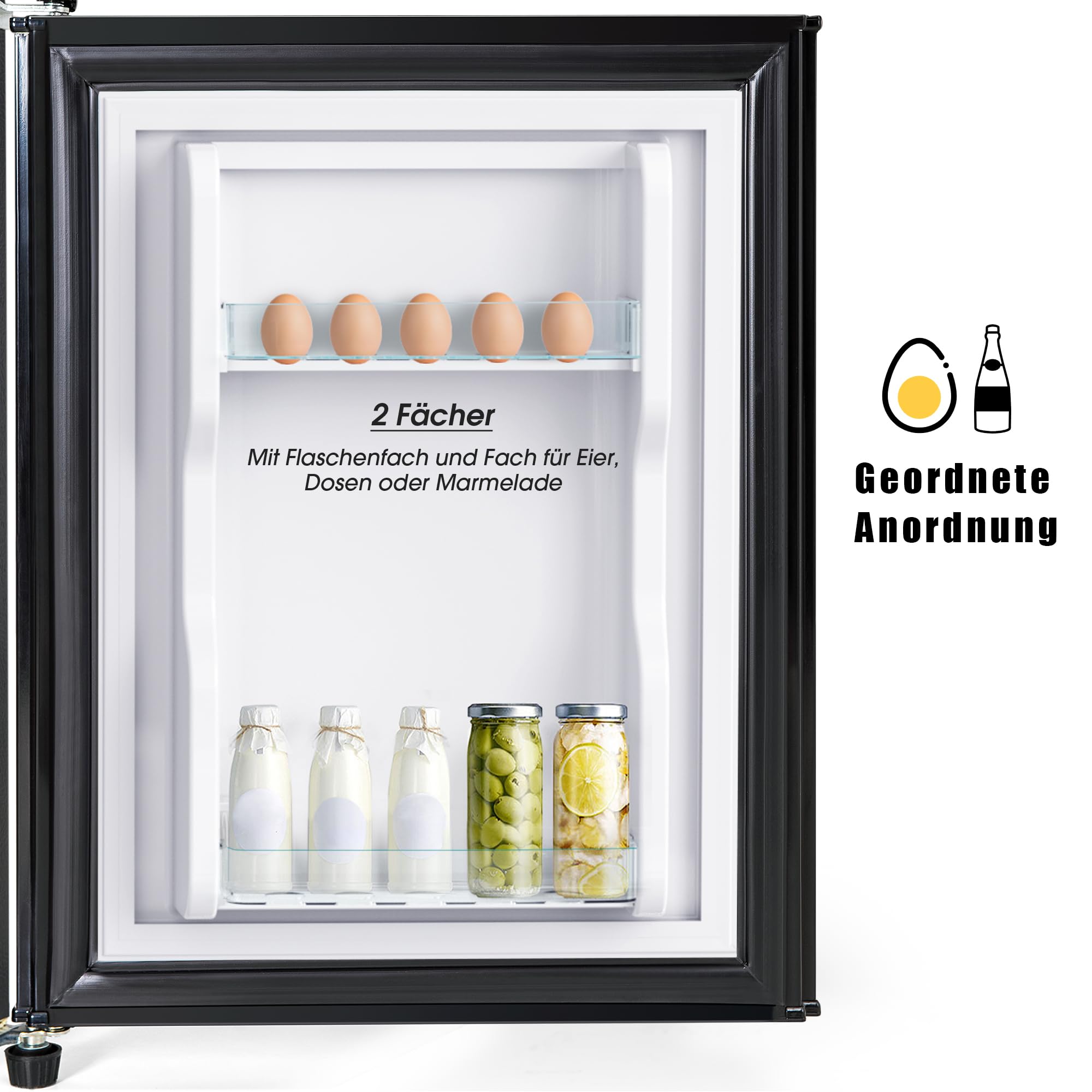 Kompaktowa lodówka z zamrażarką 60L, mała dwudrzwiowa wolnostojąca 86x45cm, chłodziarka 38L + zamrażarka 22L, klasa E 102 kWh/rok, -27°C do 13°C, 45 dB, LED, czarna elegancka