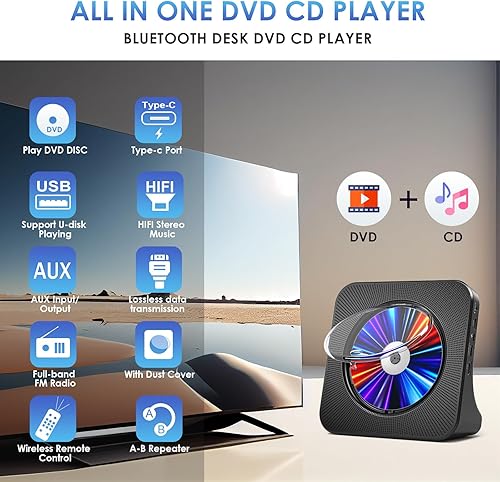 Miniatura 2 de Gueray Reproductor de DVD para TV, reproductor de CD para el hogar con altavoces Bluetooth, compatible con pantalla de control remoto, radio FM con