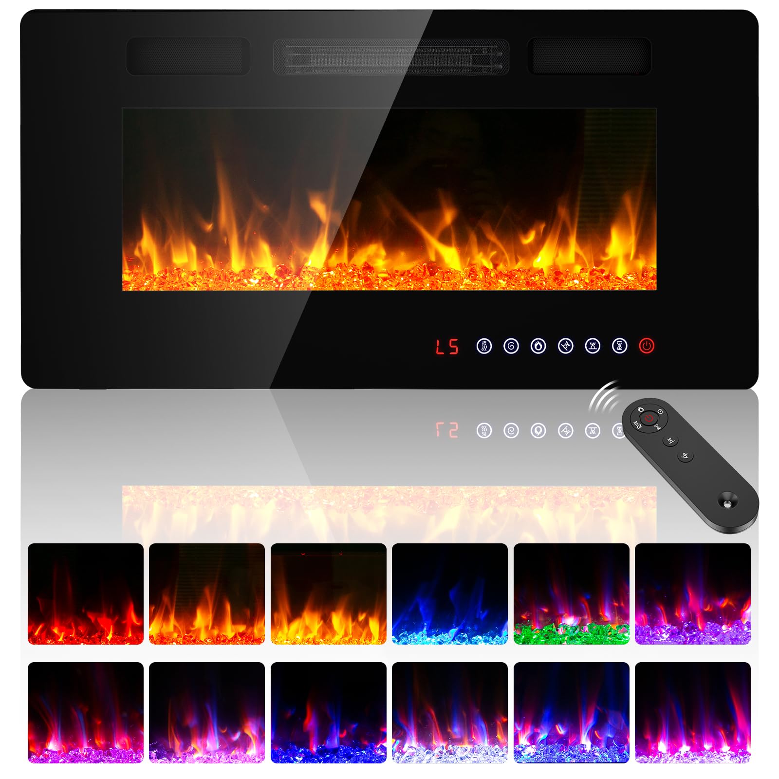 BREEZEHEAT 36" Ultra Thin Electric Fireplace Insert-ETL Certified, Recessed/Wall Mount, 3D Flame with Crystal, Remote & Touch, 750W/1500W (300 Sq.Ft), 8H Timer