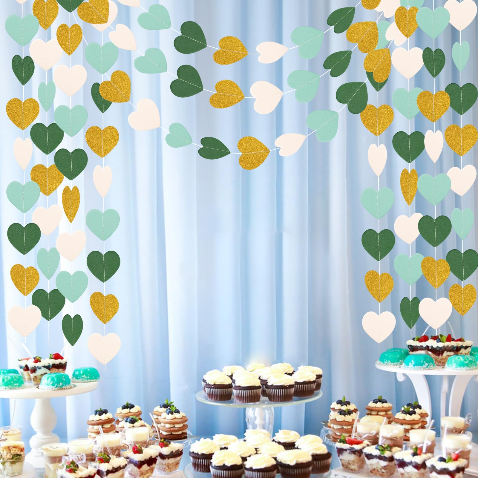 G2PLUS Glitter Heart Garland, 16m Green White Gold Hearts Hanging Garlands - Image 4