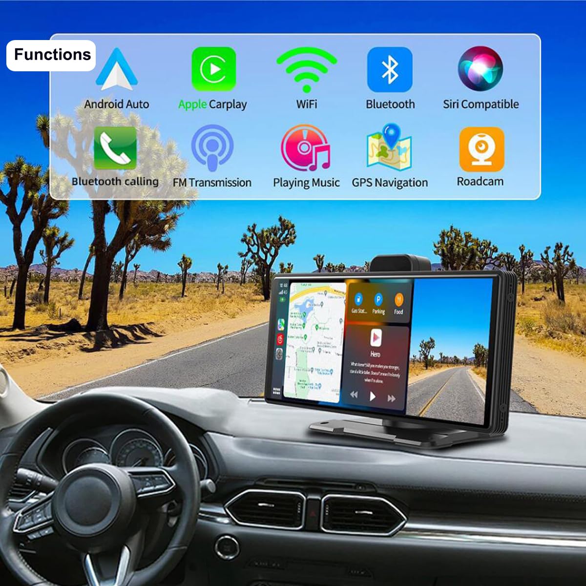 Radio de Coche inalámbrica portátil Apple Carplay con Android Auto Pantalla táctil IPS HD de 9,3" Pantalla CarPlay portátil con cámara Trasera Bluetooth Control de Voz Siri DVR