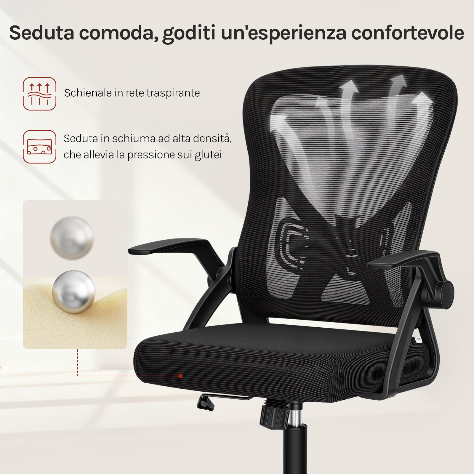 WOLTU Sedia da Ufficio Ergonomica con Supporto Lombare e Ruote, Altezza e Braccioli Regolabili, Sedia Scrivania con Funzione Oscillante e Girevole 360°, in Tessuto a Rete, per Studio o Ufficio, Nero