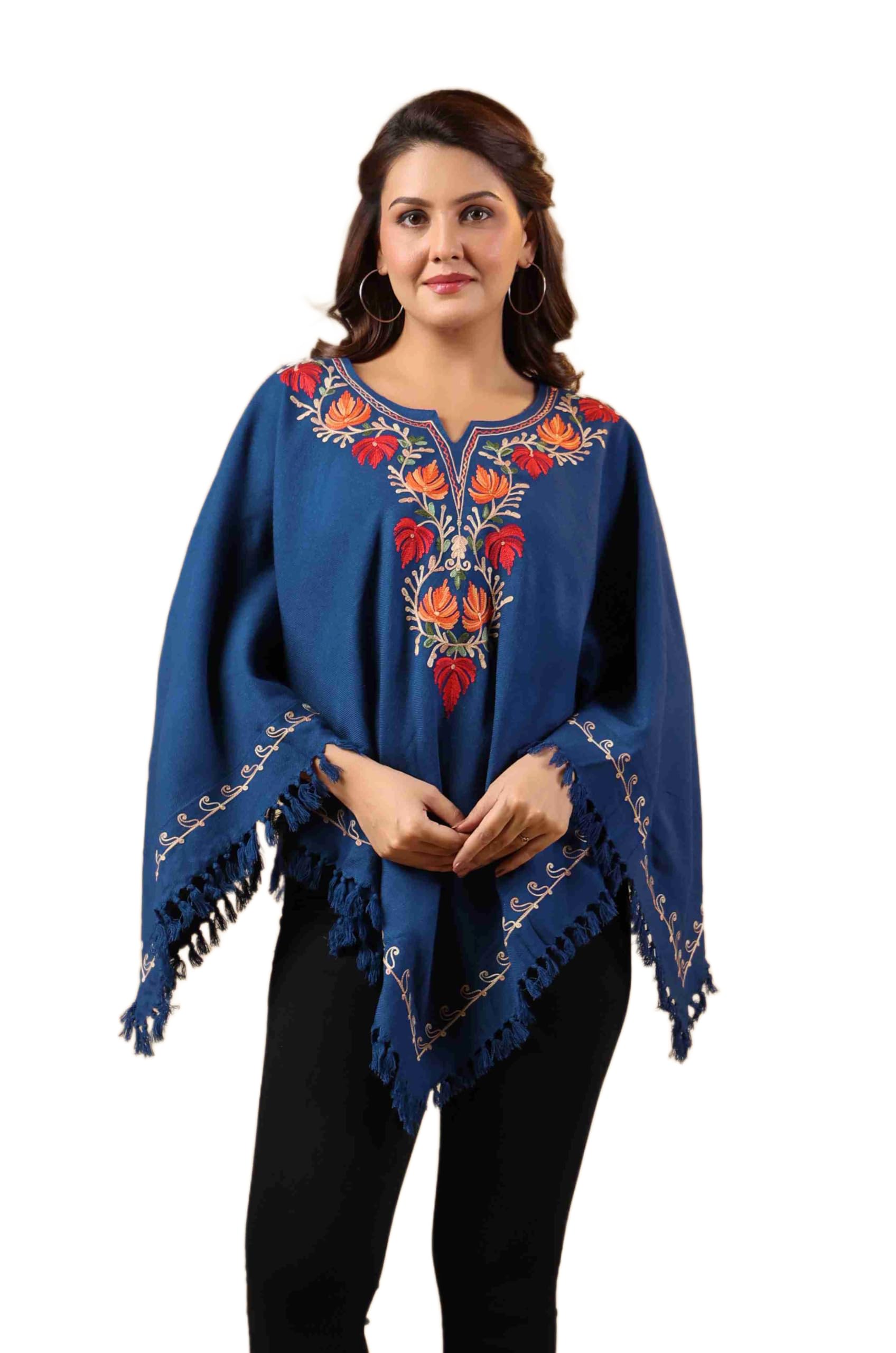 Women's Woollen Poncho Shrug Top, Kashmiri Hand Embroidery Chinar Neck with Inner Lining-image-19