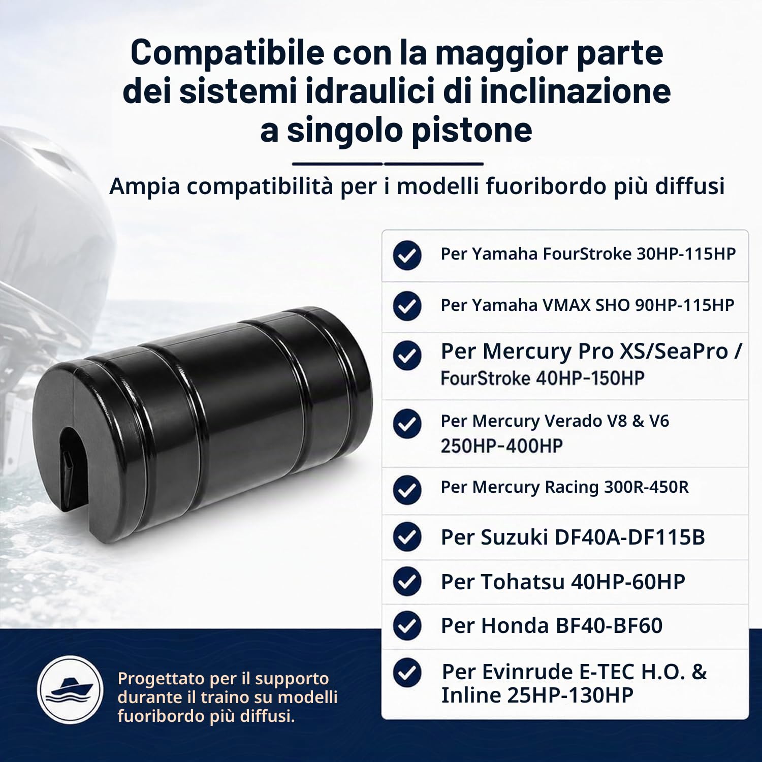 Transom Saver Supporto e Rimorchio MotoSerrature per Single Ram Fuoribordo Mercury Evinrude Johnson Yamaha Honda e Tohatsu Gomma Nero Supporto Universale Motore